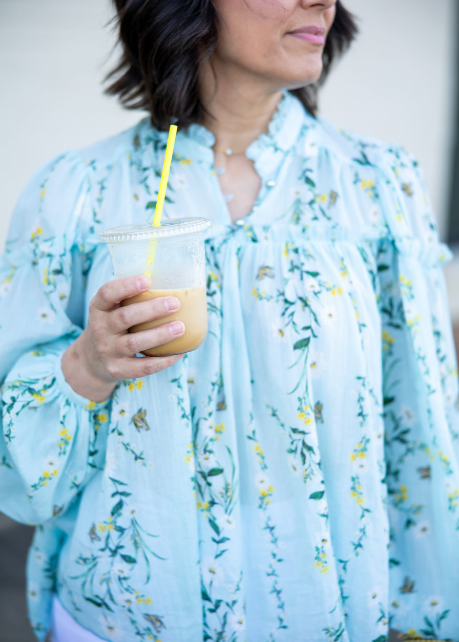 Sarai Blue Floral Ruffle Neck Balloon Sleeve Top