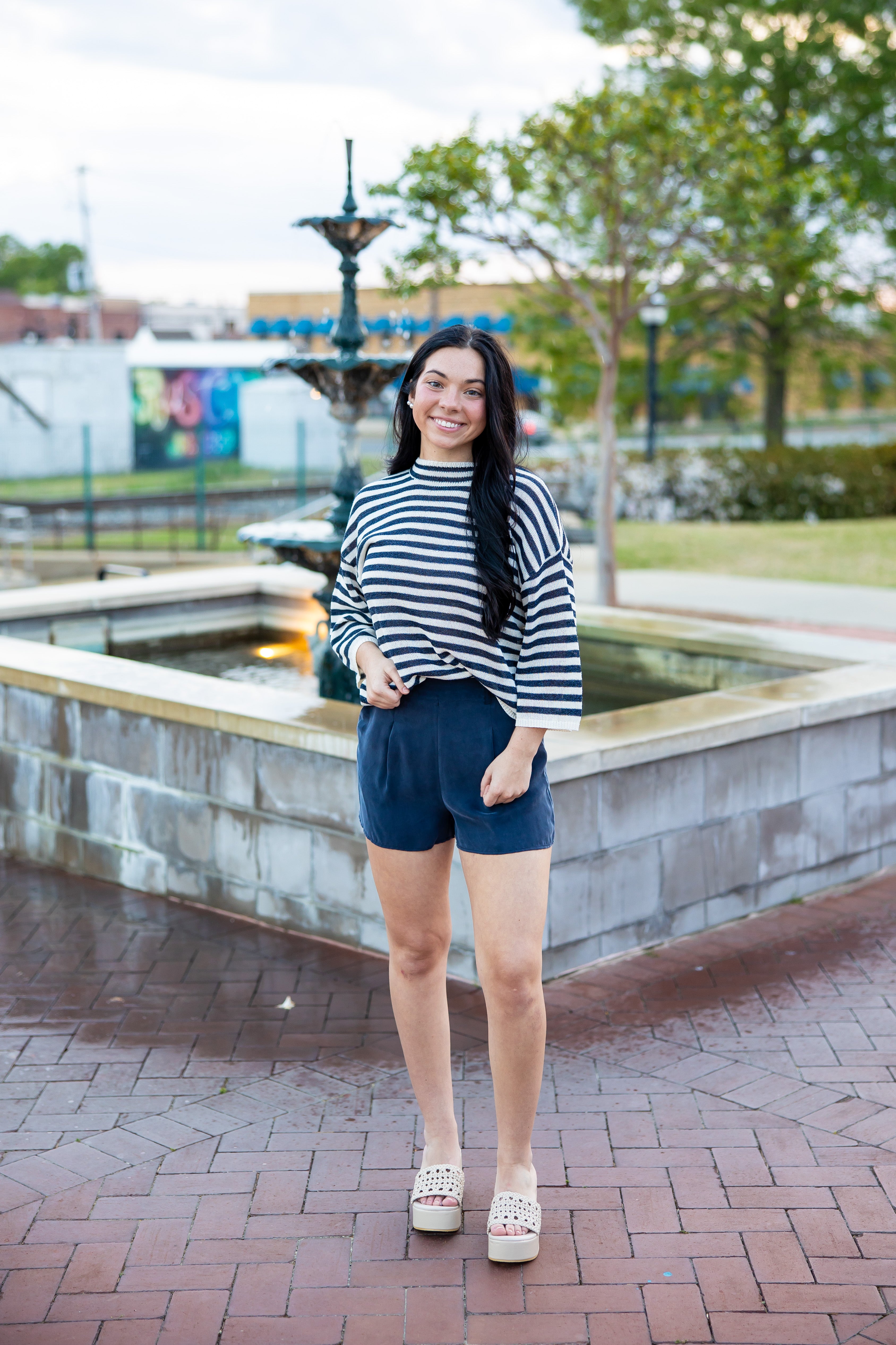 Veneto Sailor Stripe Mock Neck ¾ Sleeve Top