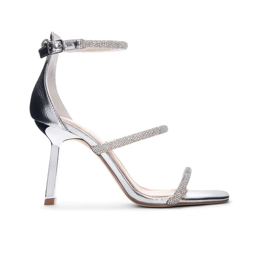 Janai Rhinestone Strap Chrome Tapered Heel Sandal
