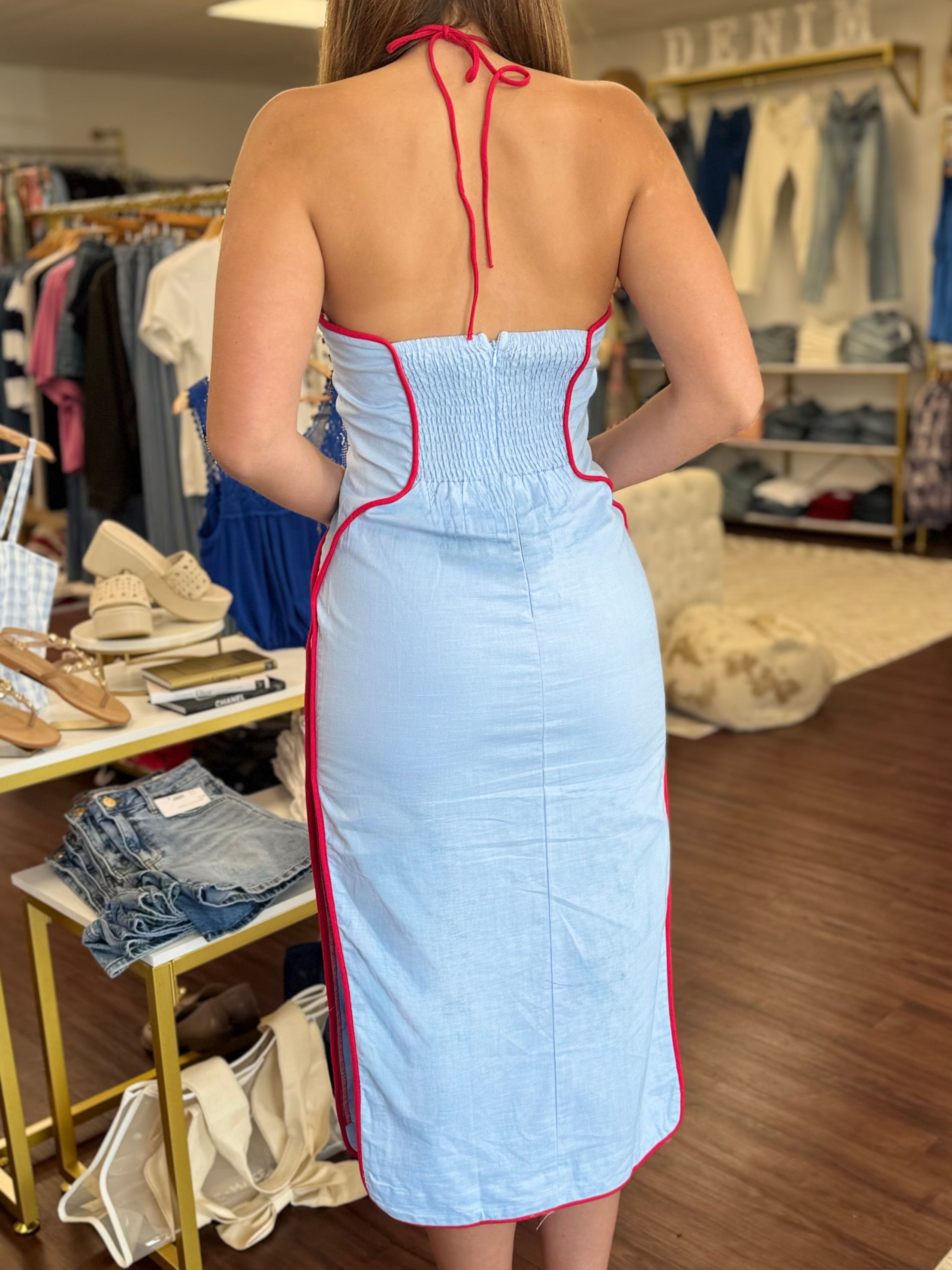 Halter Neck Cut Out Midi Dress with Contrast Piping | Game Day Dress