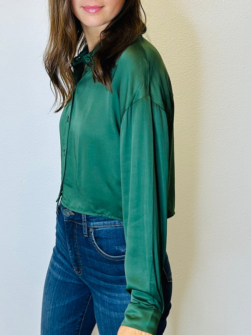 Rory Green Front Button Long Sleeve Transitional Crop Top