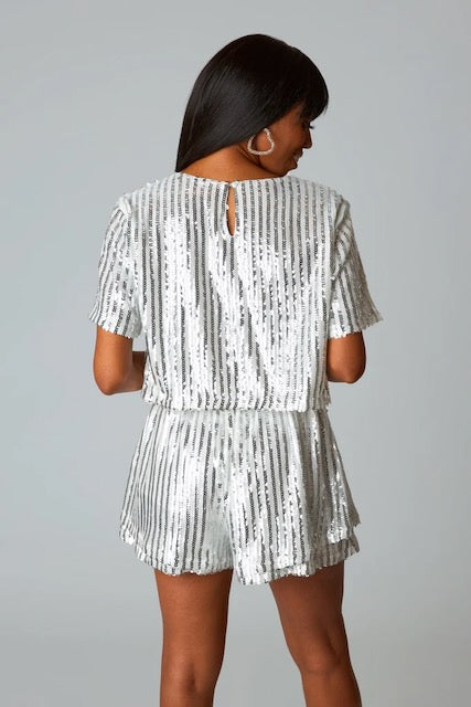Laura Sequin Short Sleeve Crop Top High Waist Ruffle Detail Short Set