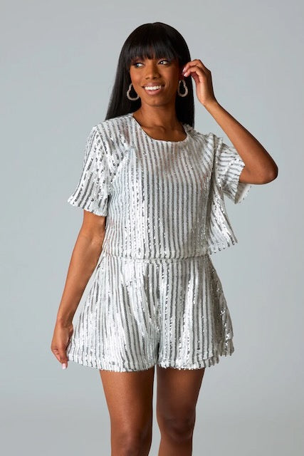 Laura Sequin Short Sleeve Crop Top High Waist Ruffle Detail Short Set