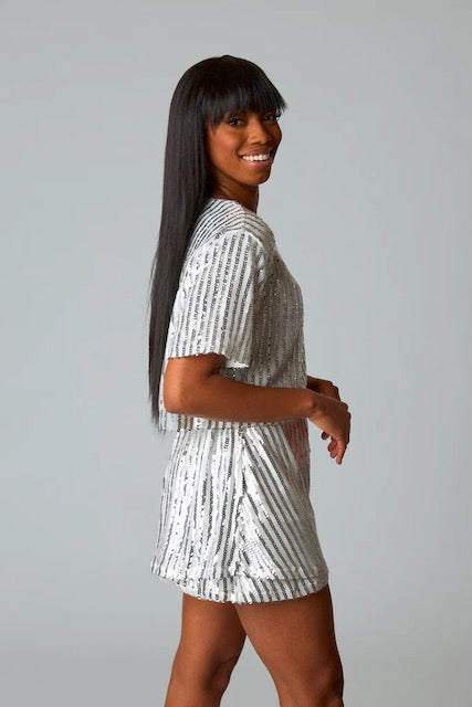 Laura Sequin Short Sleeve Crop Top High Waist Ruffle Detail Short Set