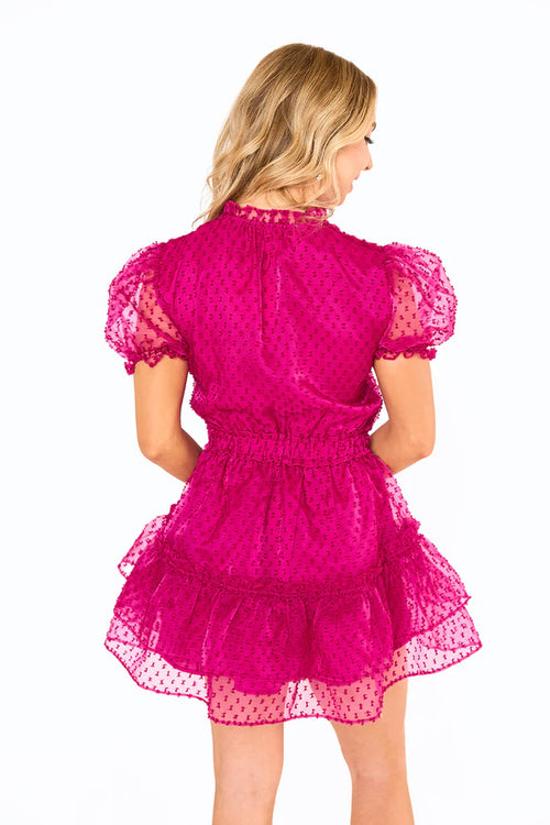 Clementine Dottie Magenta Swiss Dot Puff Sleeve Tiered Mini Dress