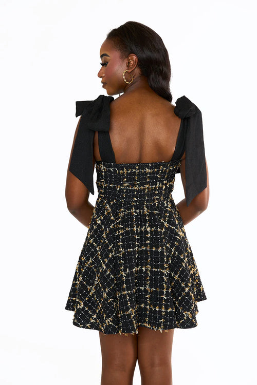 Carter Scorpio Black Gold Tweed Bow Strap Bustier Mini Dress