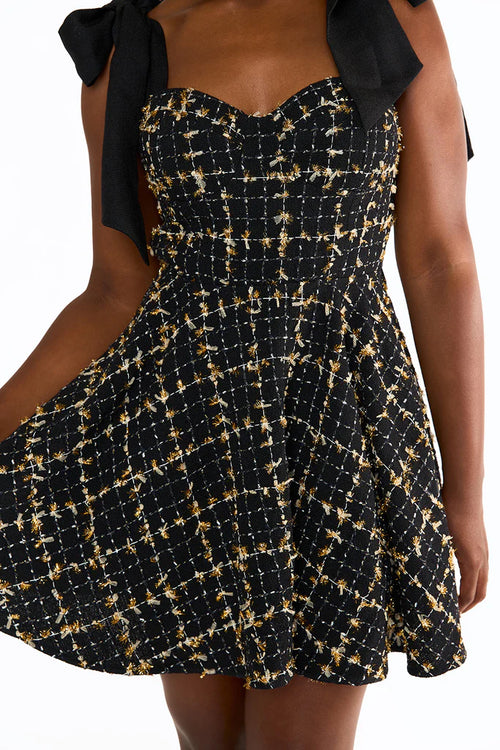 Carter Scorpio Black Gold Tweed Bow Strap Bustier Mini Dress