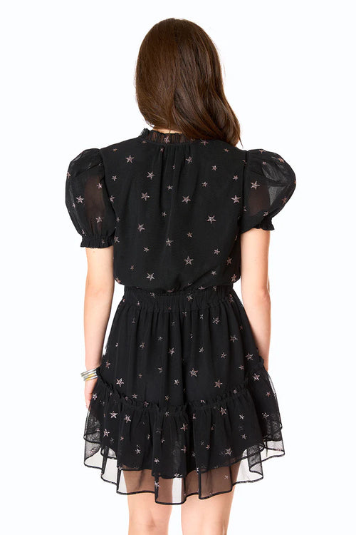 Clementine Comet Shimmery Star Print Puff Sleeve Tiered Mini Dress