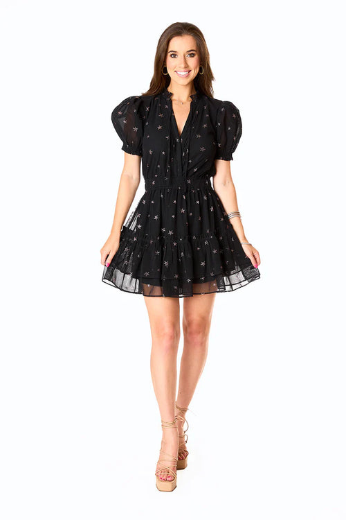 Clementine Comet Shimmery Star Print Puff Sleeve Tiered Mini Dress