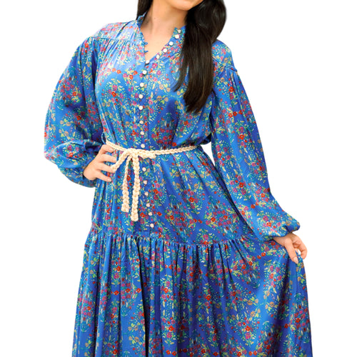 Blue Floral Satin Button Up Rope Tie Maxi Dress