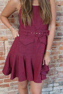 Berry Topstitched Denim Effect Mini Dress | Drop Waist Belted Dress