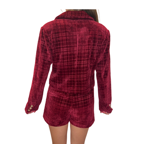 Tricia Merlot Plaid Vintage Gold Button Side Zip Pocket Short