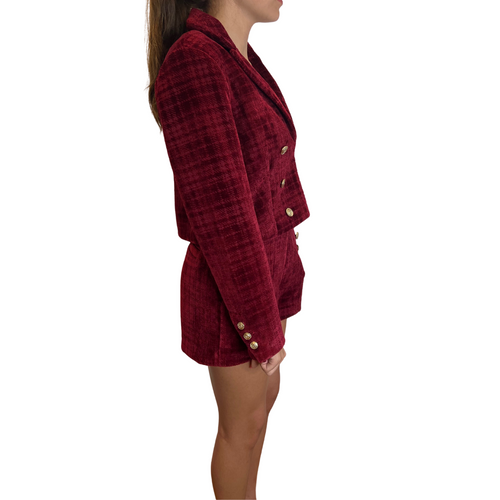 Tricia Merlot Plaid Vintage Gold Button Cropped Blazer