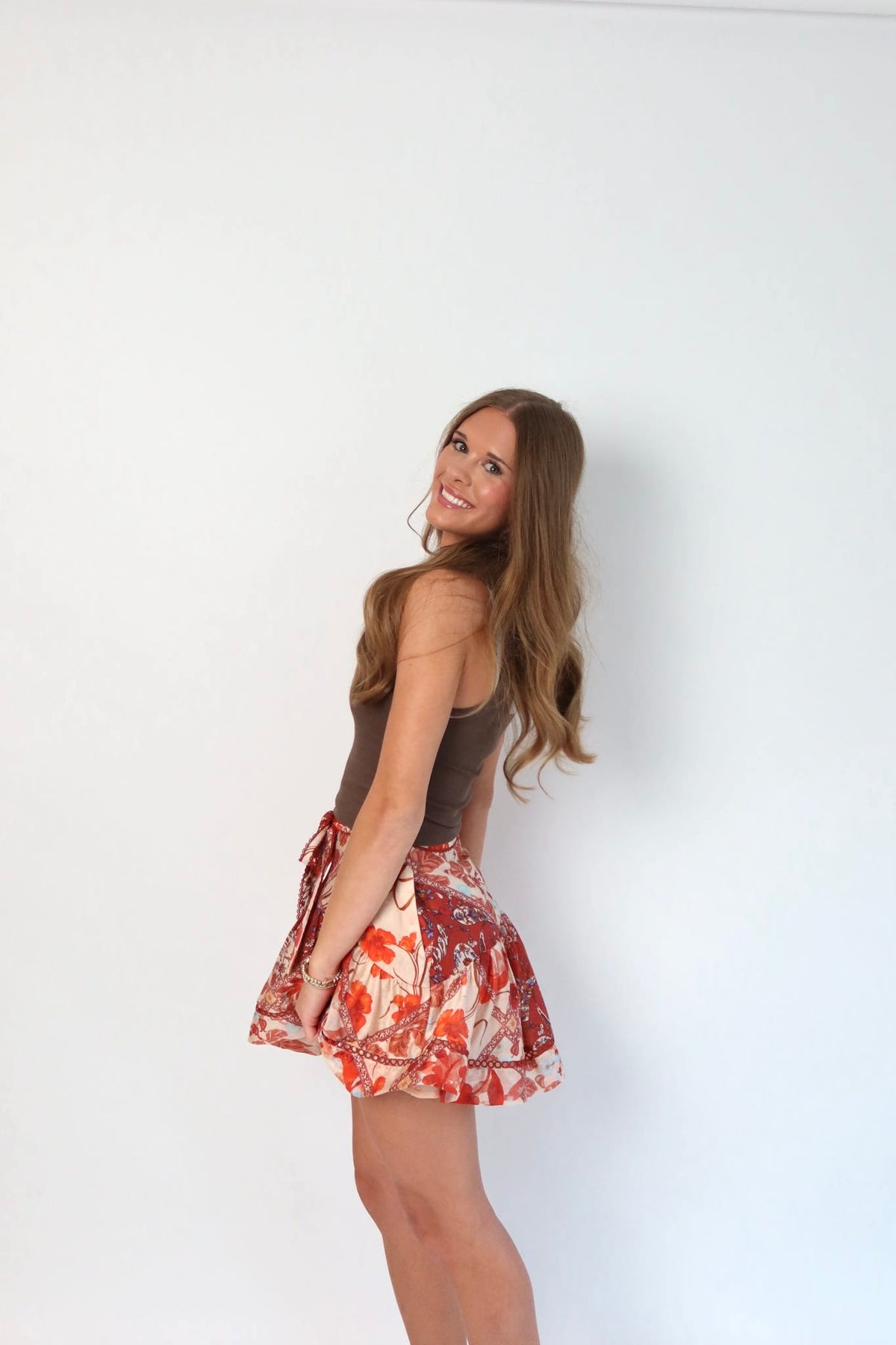 Rust Floral Asymmetrical Tie Waist Crochet Trim Flowy Mini Skirt
