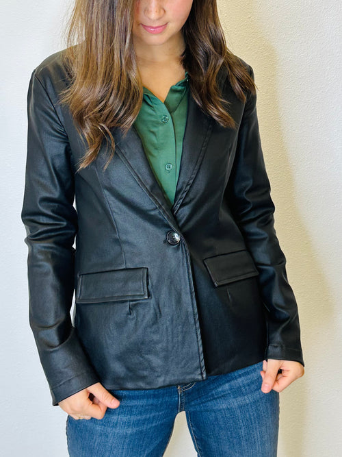 Atta Girl Coated Faux Front Pocket Two Button Black Blazer
