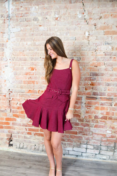 Berry Topstitched Denim Effect Mini Dress | Drop Waist Belted Dress