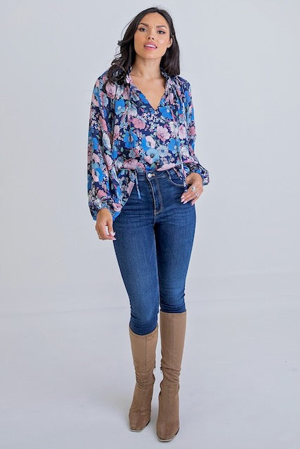 Vintage Inspired Balloon Sleeve Ruffle Neck Floral V Neck Top