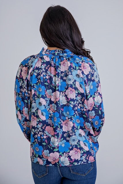 Vintage Inspired Balloon Sleeve Ruffle Neck Floral V Neck Top