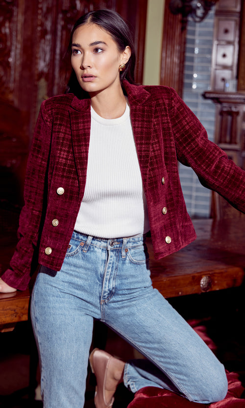 Tricia Merlot Plaid Vintage Gold Button Cropped Blazer