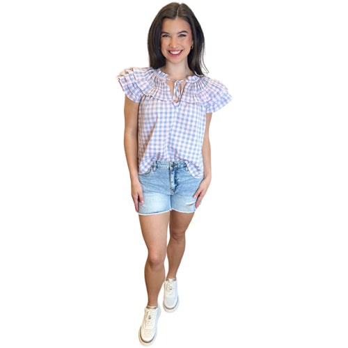 Carla Carolina Pink Blue Plaid V Neck Front Tie Ruffle Sleeve Top