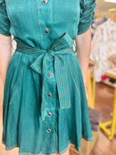 Emerald Ruched Sleeve Button Down Mini Shirt Dress | Belted Waist