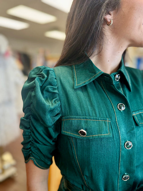 Emerald Ruched Sleeve Button Down Mini Shirt Dress | Belted Waist