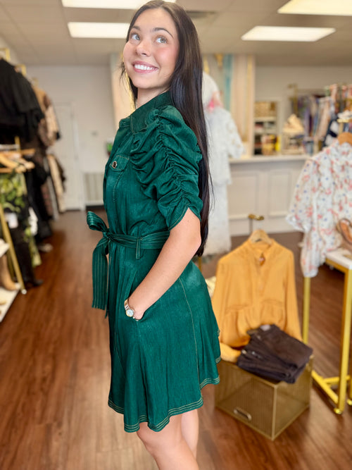 Emerald Ruched Sleeve Button Down Mini Shirt Dress | Belted Waist