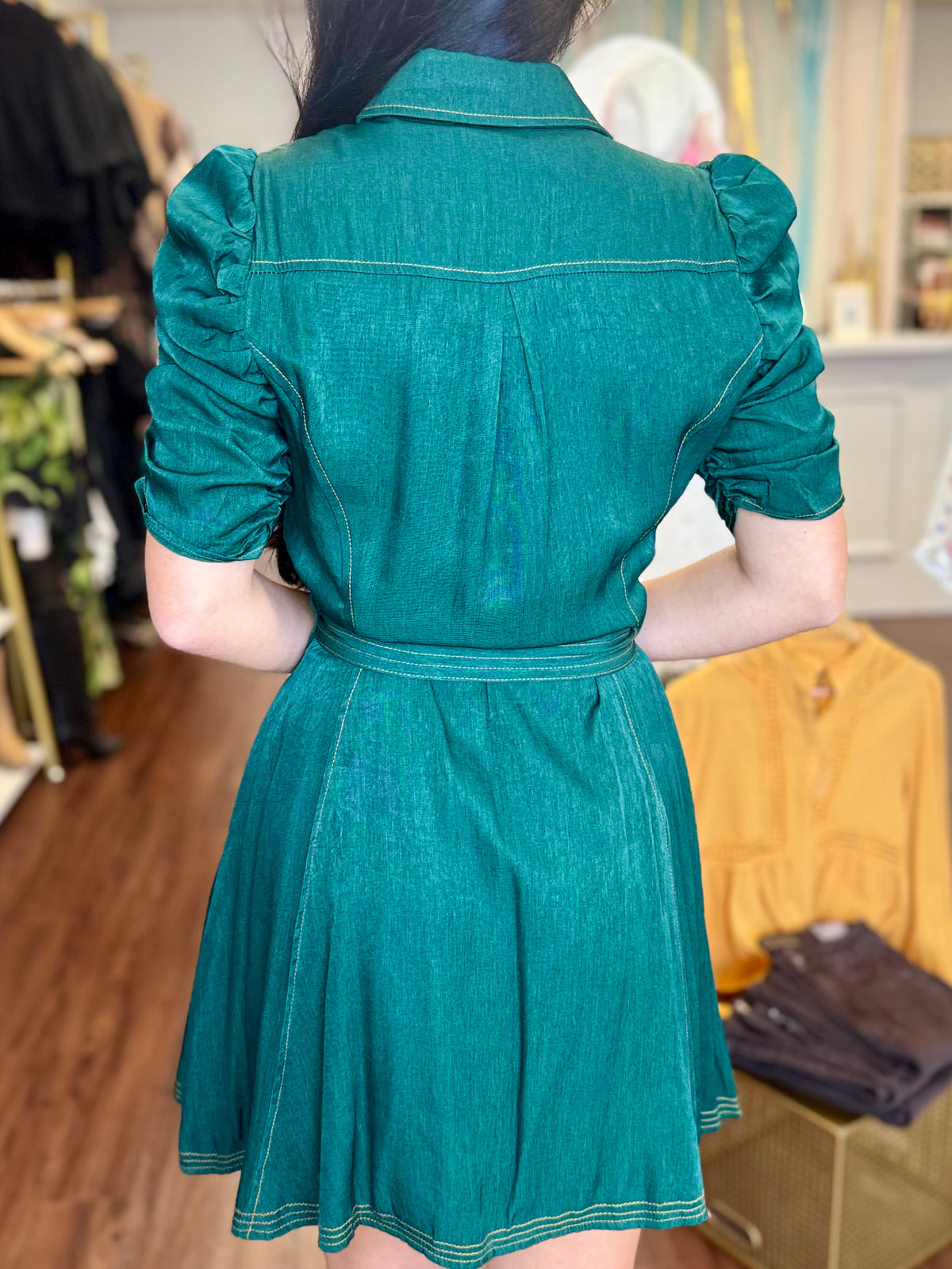 Emerald Ruched Sleeve Button Down Mini Shirt Dress | Belted Waist