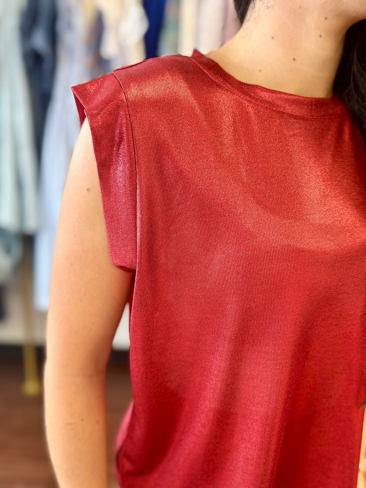 Red Metallic Muscle Tank | Game Day Sparkle Tank