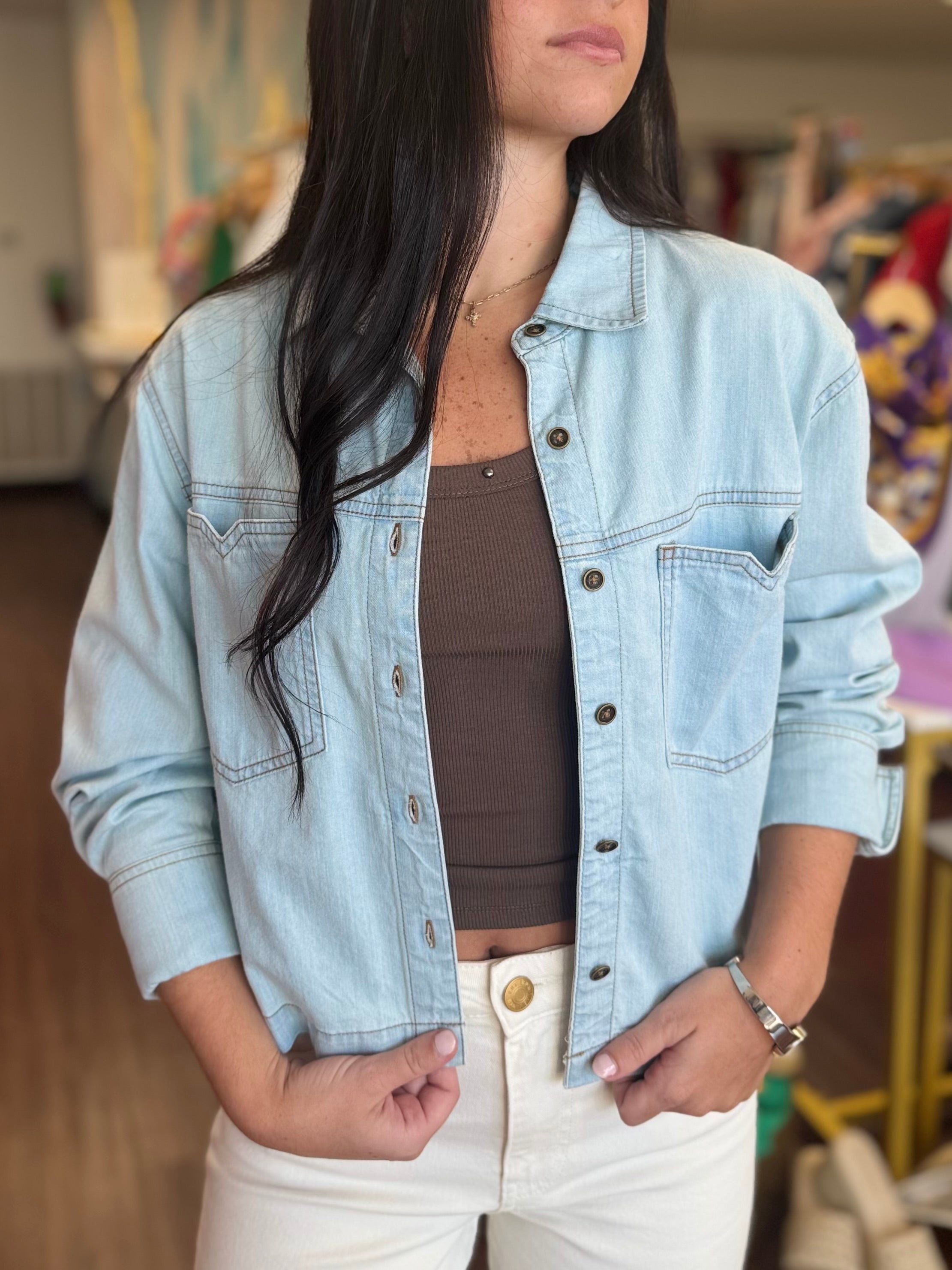 Light Denim Button Down Long Sleeve Top