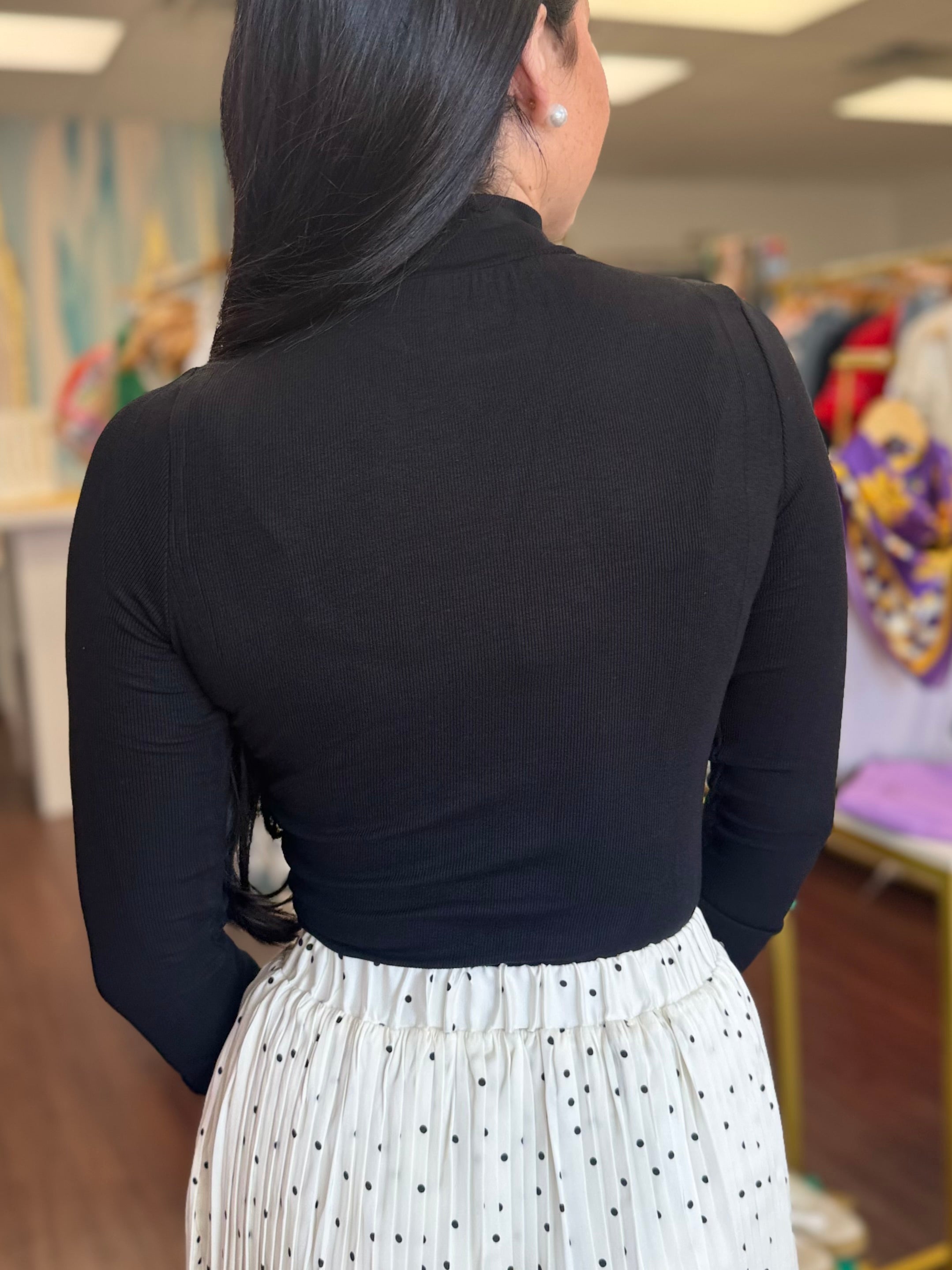 Black Mock Neck Ribbed Long Sleeve Top