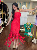 3D Lace Applique Fringe Hem Bodycon Midi Dress