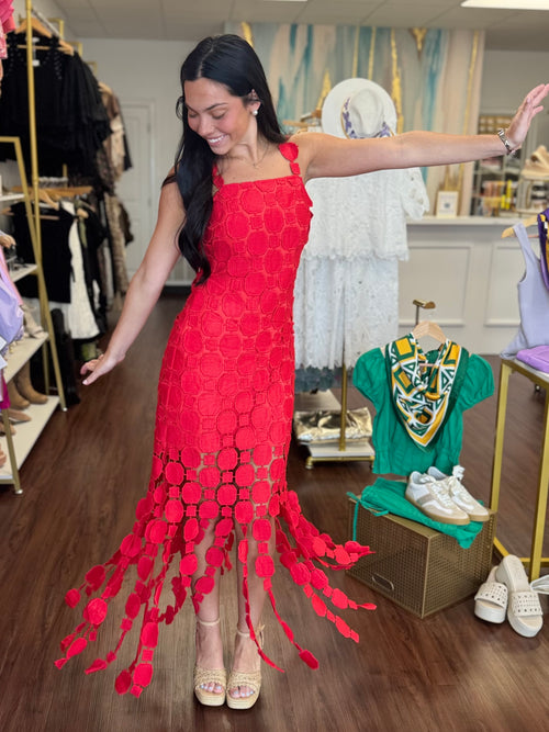 3D Lace Applique Fringe Hem Bodycon Midi Dress