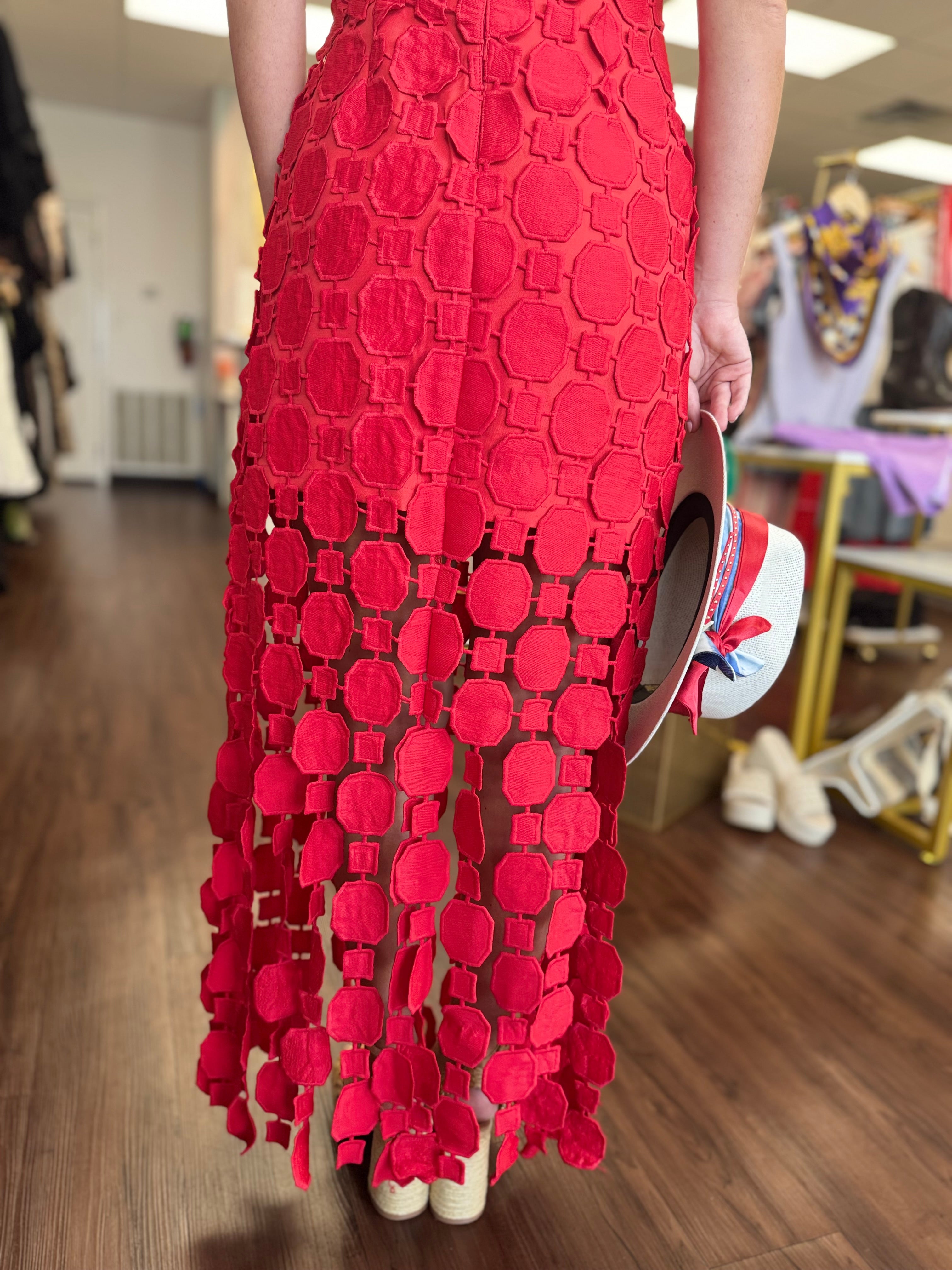 3D Lace Applique Fringe Hem Bodycon Midi Dress
