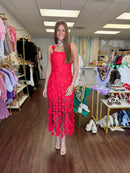 3D Lace Applique Fringe Hem Bodycon Midi Dress | Game Day Dress