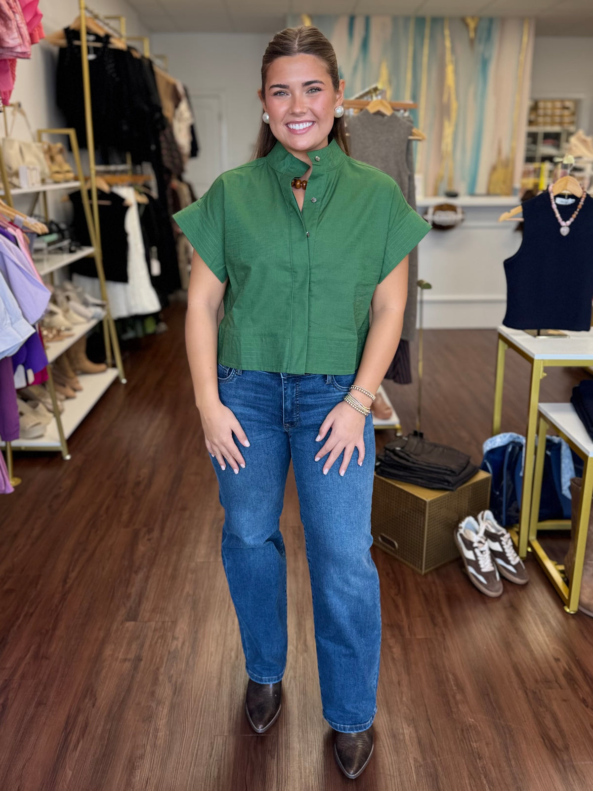 Linen Blend Short Sleeve Button Down Top