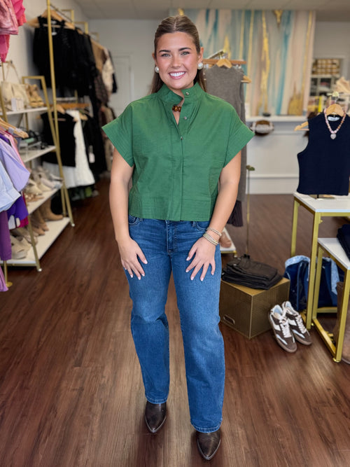 Linen Blend Short Sleeve Button Down Top