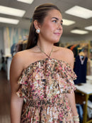 Abstract Halter Ruffle Bodice Smocked Waist Midi Dress | Convertible Neckline