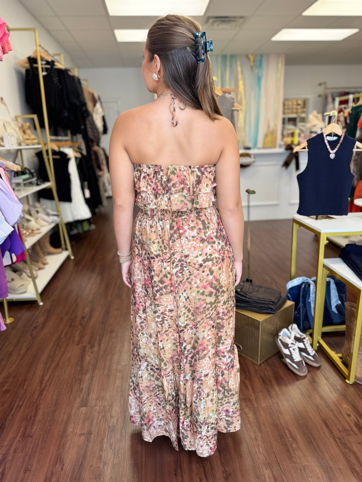 Abstract Halter Ruffle Bodice Smocked Waist Midi Dress | Convertible Neckline