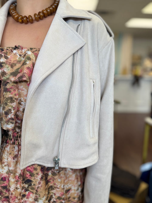 Faux Suede Moto Jacket | Light Beige Belted Layering Jacket
