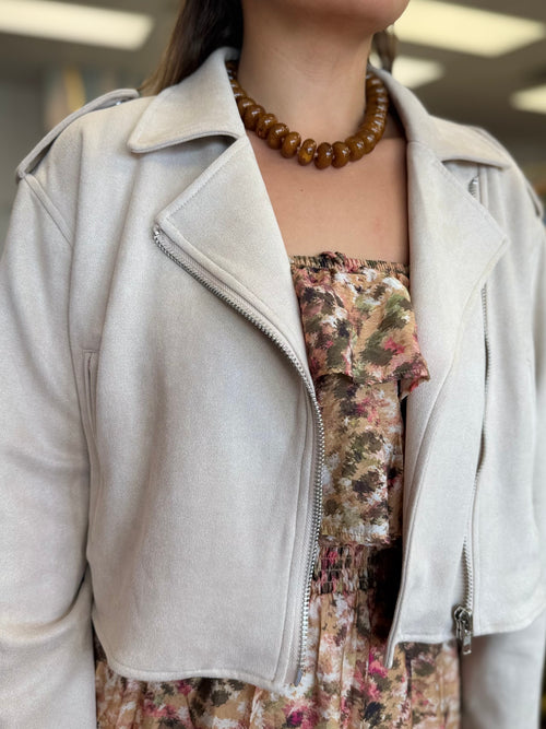 Faux Suede Moto Jacket | Light Beige Belted Layering Jacket