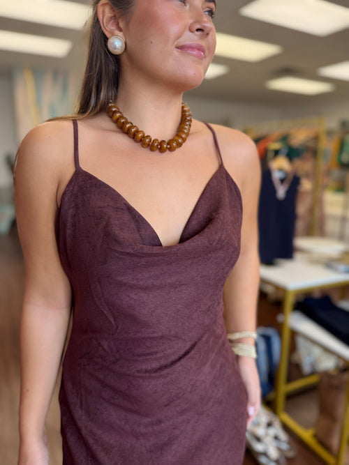 Burgundy Slip Dress | Sueded Cowl Neck Midi
