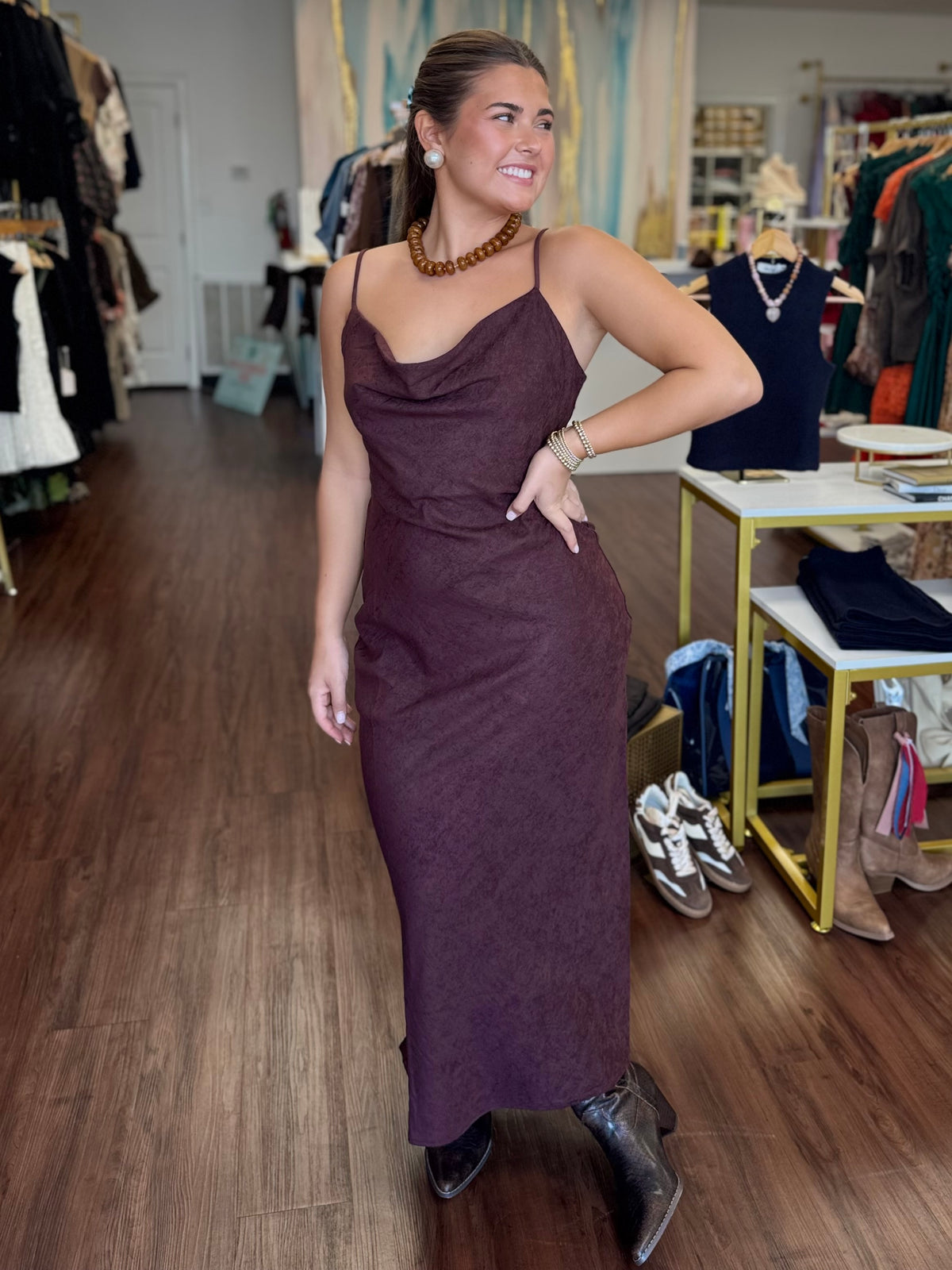 Burgundy Slip Dress | Sueded Cowl Neck Midi