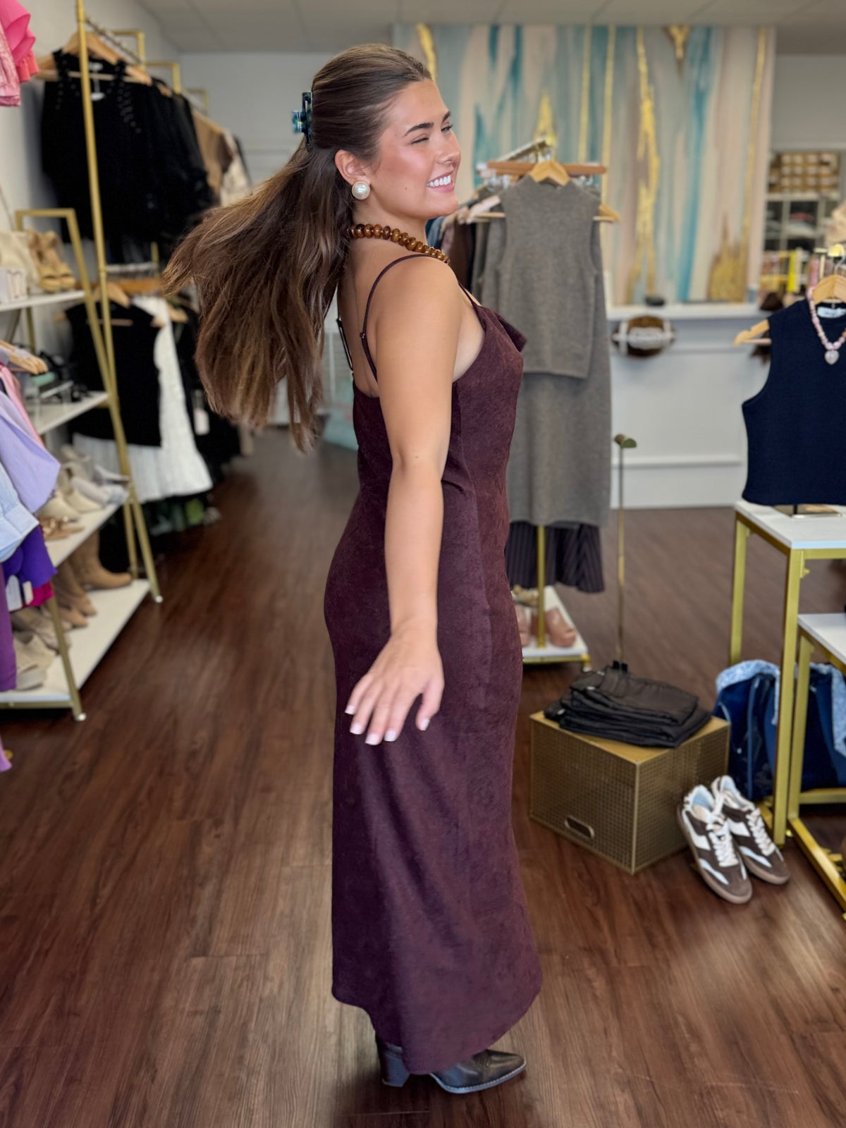 Burgundy Slip Dress | Sueded Cowl Neck Midi
