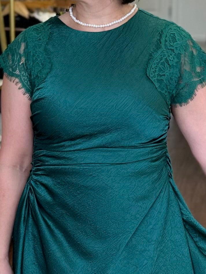 Teal Ruched Mini Dress with Lace Detail | Asymmetric Hem Cocktail Dress