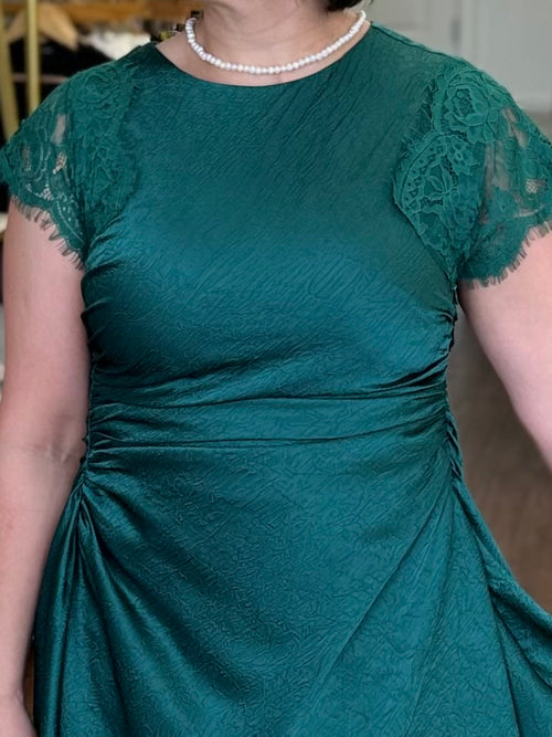 Teal Ruched Mini Dress with Lace Detail | Asymmetric Hem Cocktail Dress
