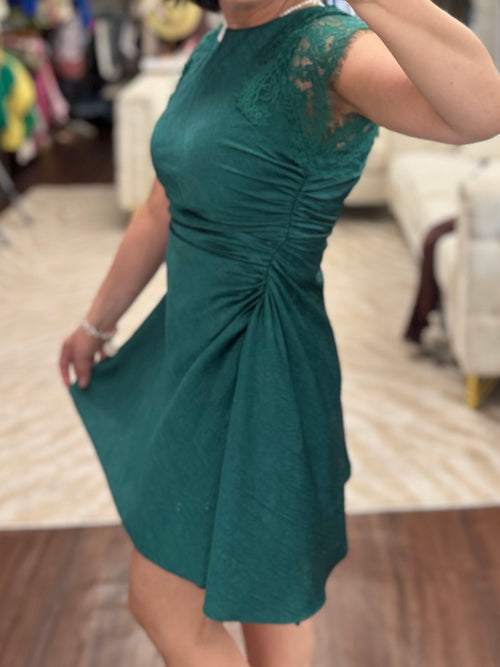 Teal Ruched Mini Dress with Lace Detail | Asymmetric Hem Cocktail Dress