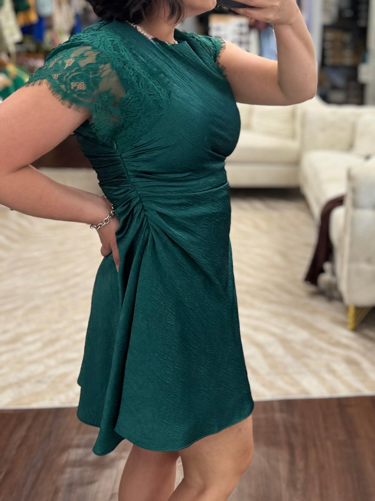 Teal Ruched Mini Dress with Lace Detail | Asymmetric Hem Cocktail Dress