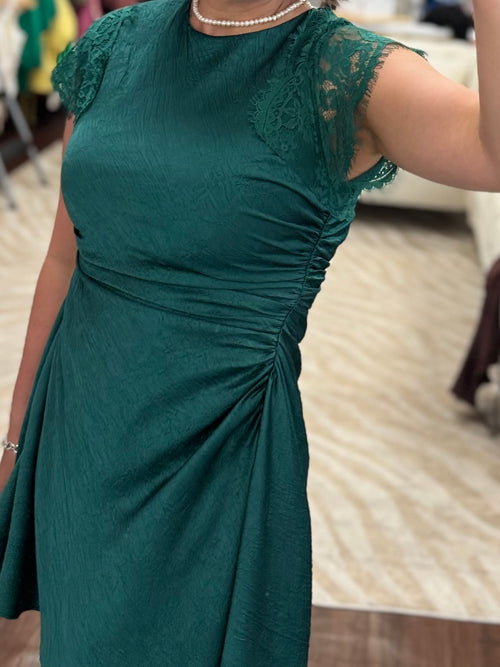 Teal Ruched Mini Dress with Lace Detail | Asymmetric Hem Cocktail Dress