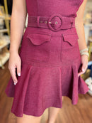 Berry Topstitched Denim Effect Mini Dress | Drop Waist Belted Dress